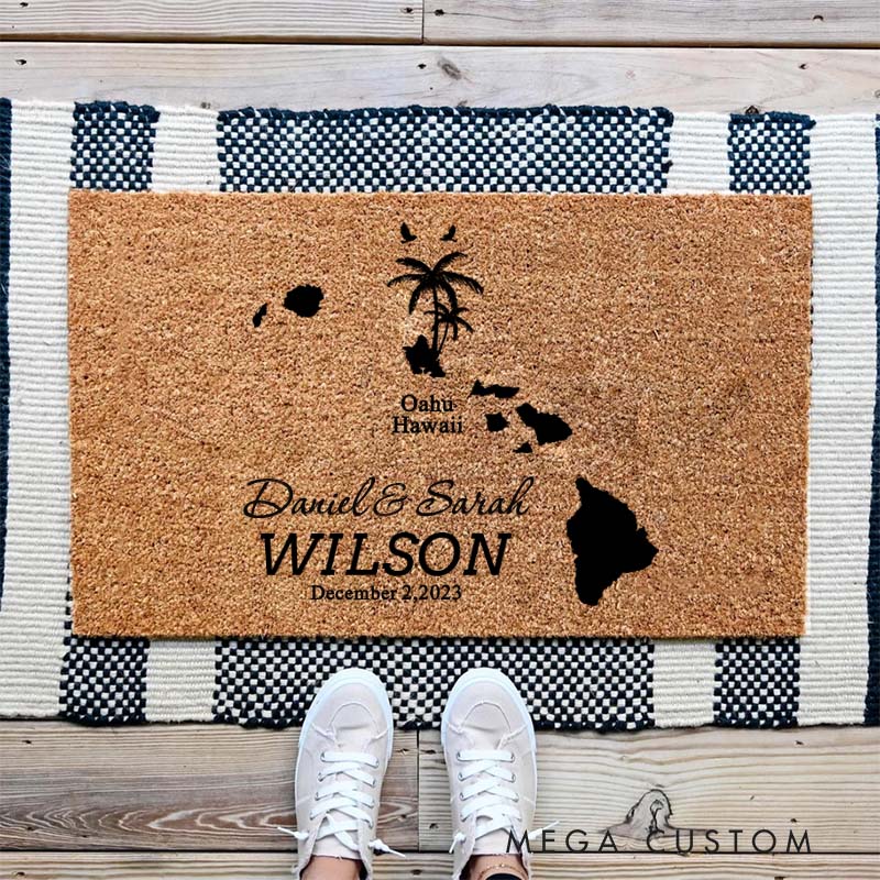 Personalized Tropical Theme Doormat Custom Island Design Durable Coir Welcome Mat for New Home Entryway Unique Housewarming Gift for Couples and Family