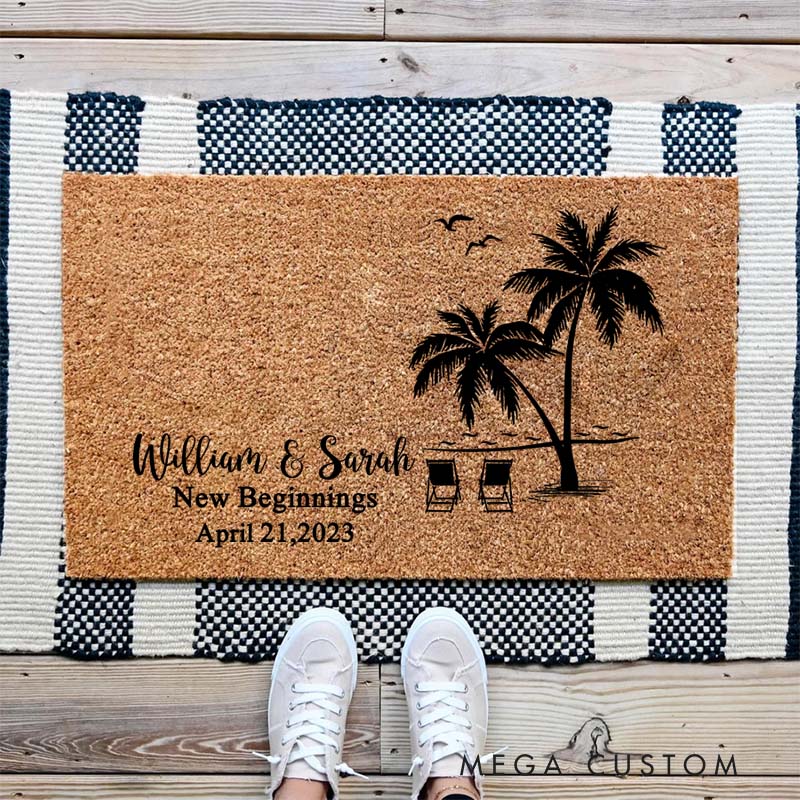 Personalized Doormat Custom Tropical Palm Tree Design Durable Coir Welcome Mat for New Home Entryway Perfect Housewarming Gift for Couples