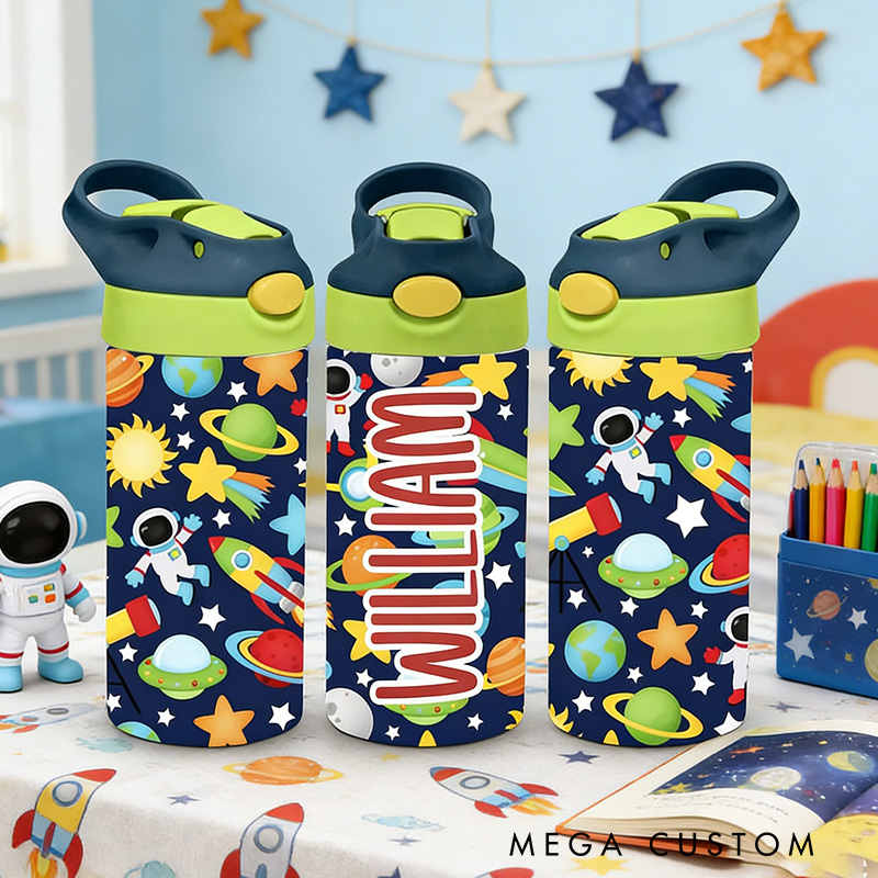 Personalized Outer Space 12oz Boys Tumbler, Pastel Personalized Leak Proof Flip Top Sports Water Bottle Kid School Lunch Insulated Sippy Cup