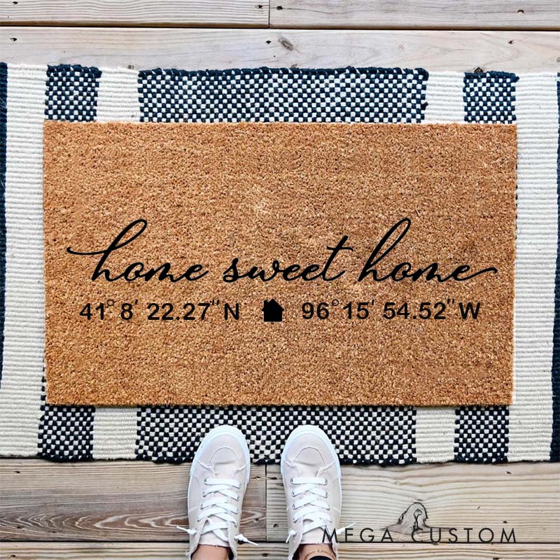 Personalized Home Sweet Home Doormat Custom Coordinates Design Durable Coir Welcome Mat for New Home Entryway Unique Housewarming Gift for Couples