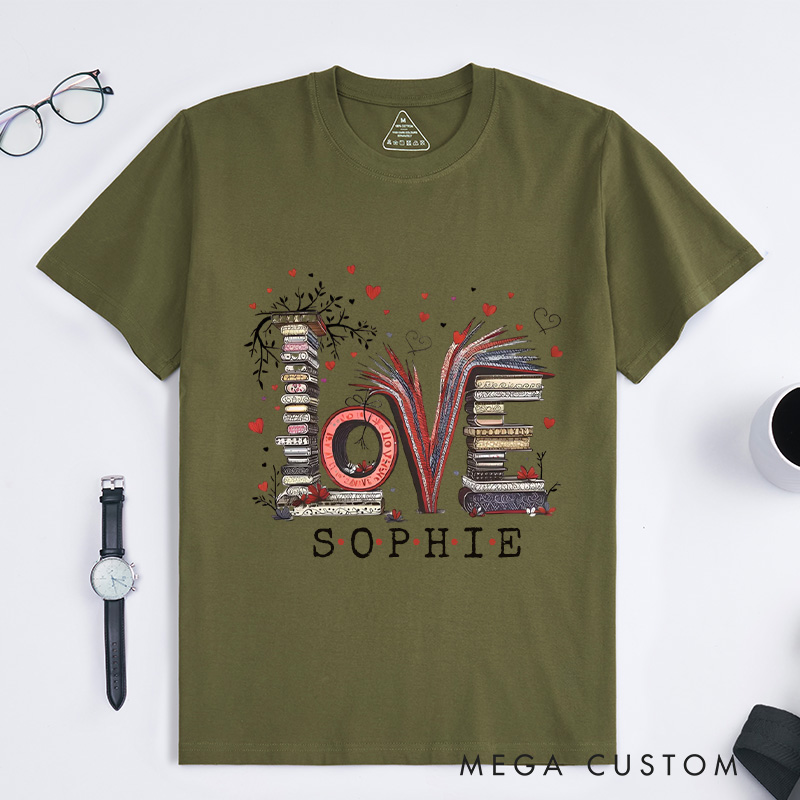Personalized Love Books Classic T-Shirts Book Lover Shirt with Customized Name Shirt Valentine's Day Gift for Bookish Bookworm Reader