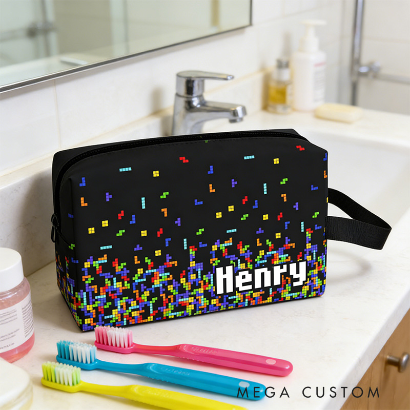Personalized Retro Classic Game Name Portable Toiletry Bag with Zipper and Handle Dopp Kit Travel Accessory Birthday Gift for Game Lover