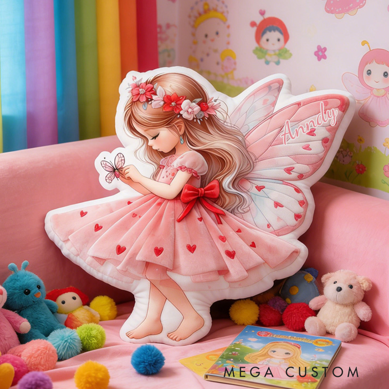 Personalized Heart Fairy Throw Pillow Graphic 3D Print Garden Fairy Pillow with Name for Girl Boy Kids Valentine's Day Gifts Loving Room Decor