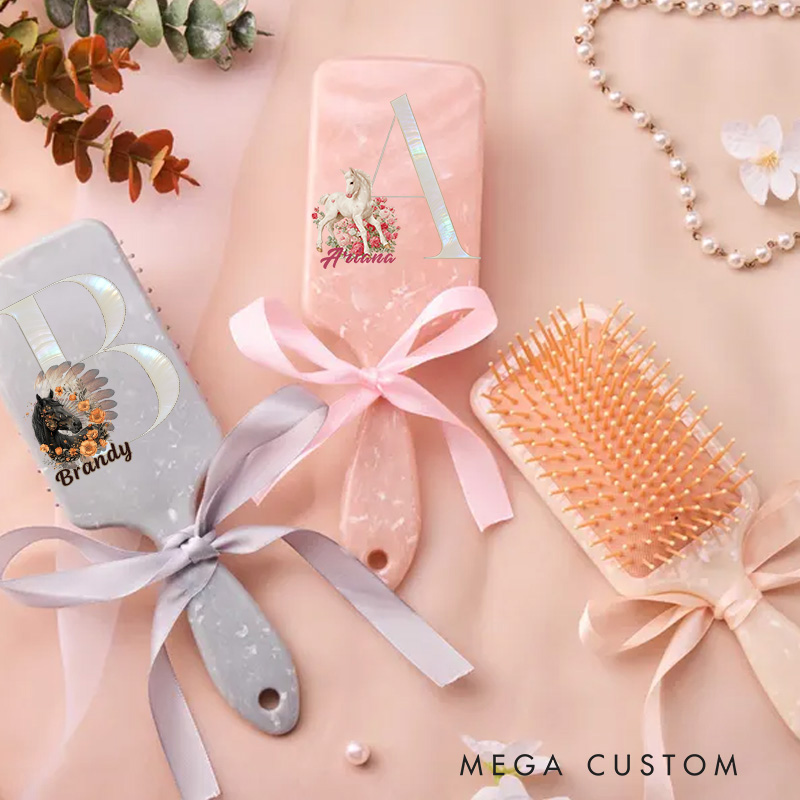 Personalized Horse Riding Initial Name Airbag Comb Hair Comb Pink Airbag Brush Anniversary Gifts for Girls for Horse Lovers Riding Lovers Equestrian Lovers