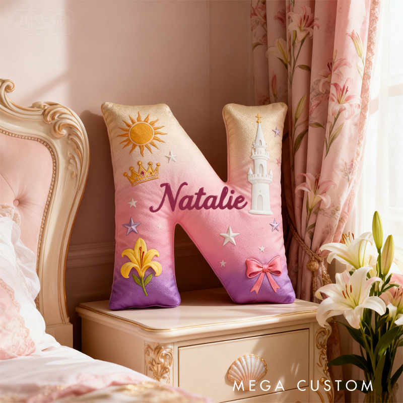 Personalized Graphic 3D Print Cartoon Tower And Love Tale Alphabet Shaped Pillow for Cartoon Lovers Initial Pillow Christmas Gift for Kids