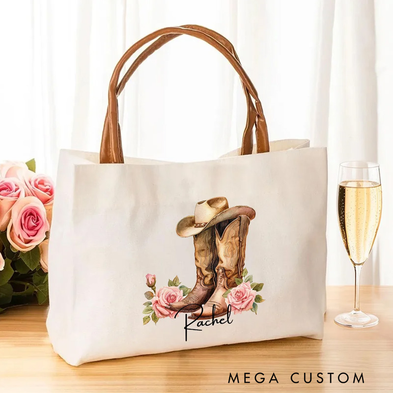 Personalized Birth Flower Western Cowgirl Boots Design Canvas Tote Bag with Name and Leather Handle Outdoor Gift for Women