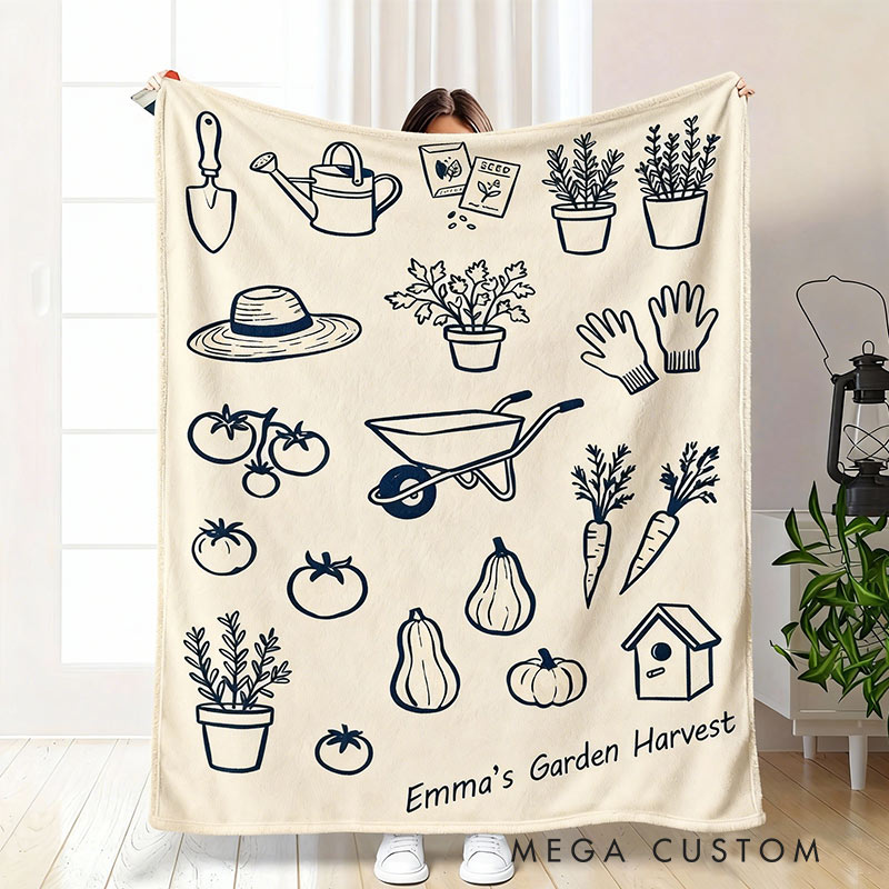Personalized Garden Harvest Gardening Tools Blanket Garden Line Drawing for Gardening Lovers