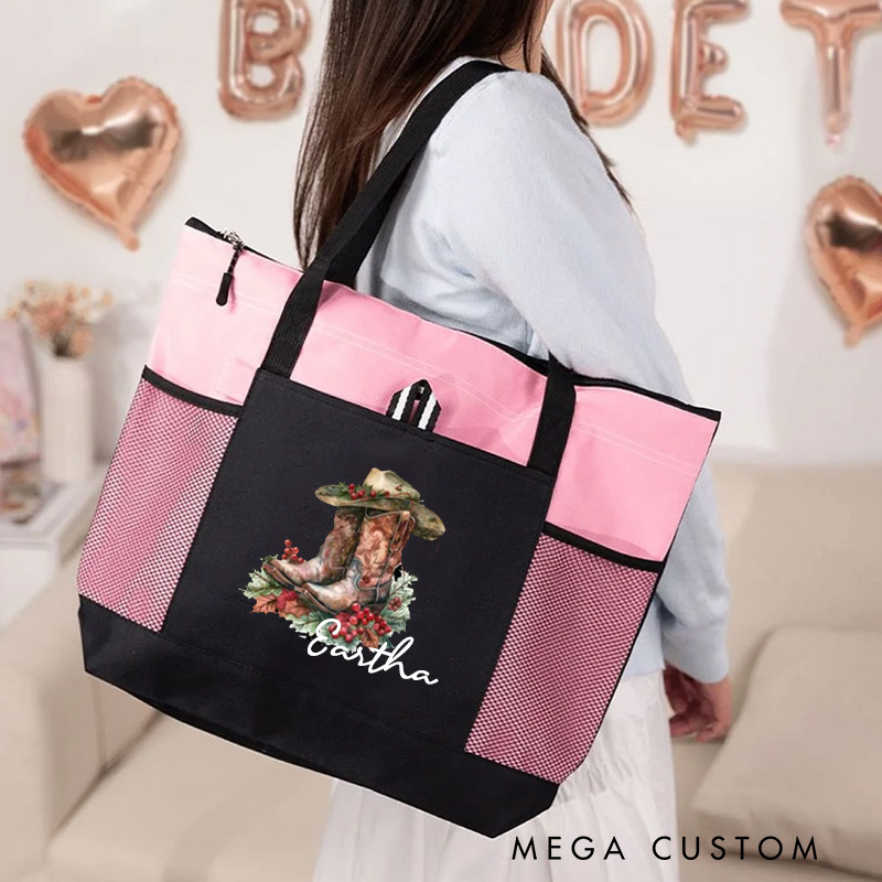 Personalized Birth Flower Western Cowgirl Bootstote Bag with Name Anniversary Birthday Gift for Girls Women