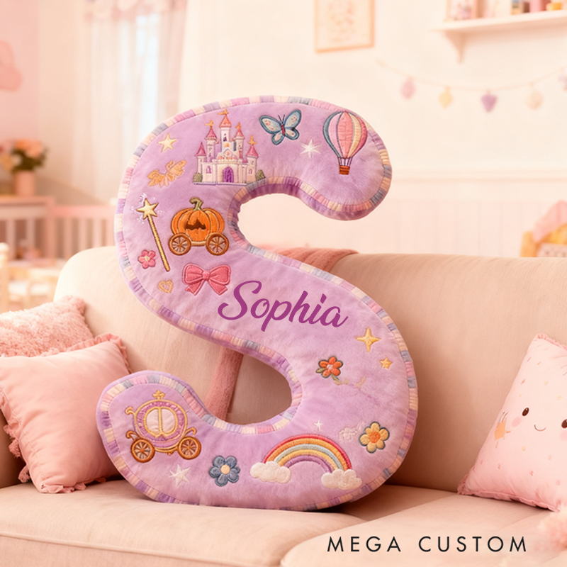 Personalized Princess Letter Christmas Gift Pillow Purple Design and Fairytale Embroidery Graphic 3D Print Pillow for Kids