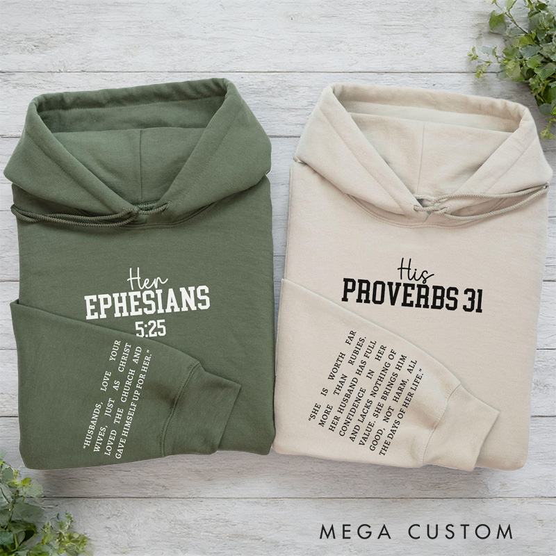 Personalized Christian Couple Classic Hoodies with Custom Name Bible verse on the Sleeve Proverbs 31 Couple Matching Sweatshirt Valentine Day Gift