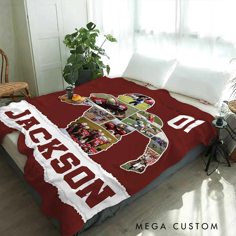 Personalized American Football Photo Collage Blanket with Custom Name and Number