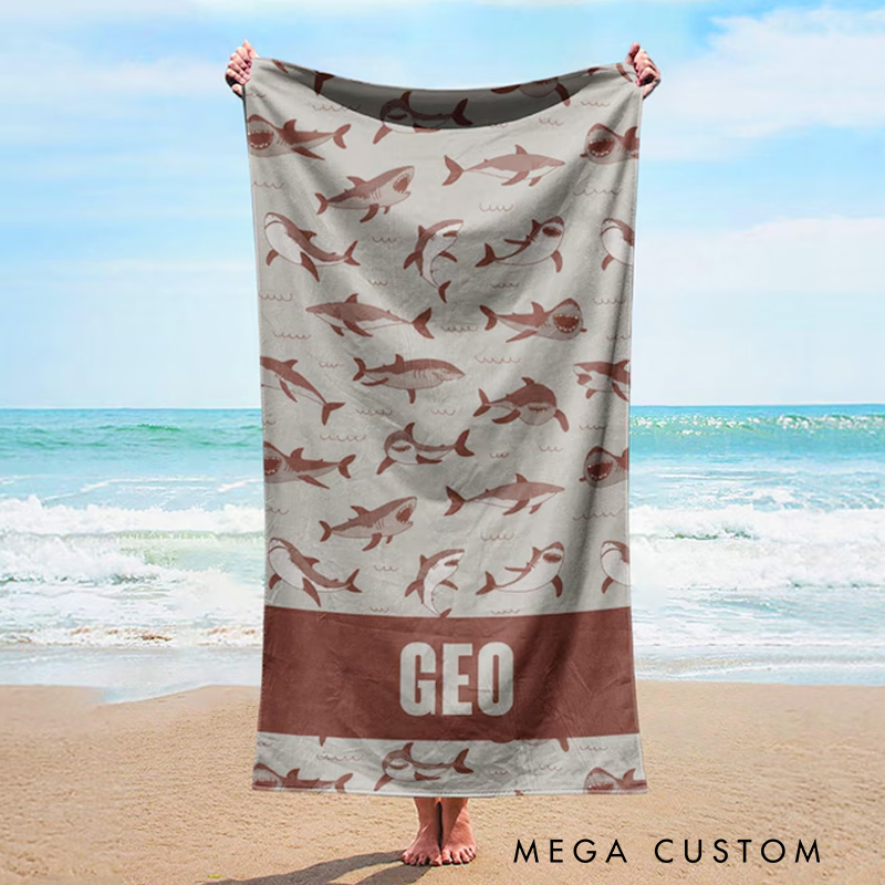 Personalized Shark Beach Towel Custom Name Vibrant Watercolor Gifts for Outdoor Fishing Enthusiasts