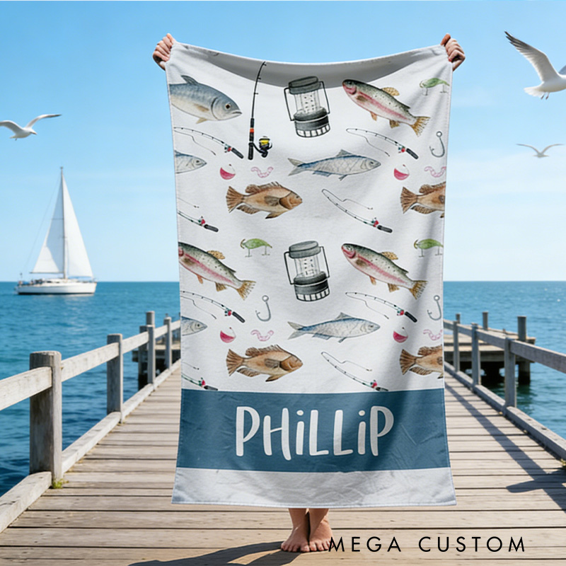 Personalized Fishing Beach Towel Kids Beach Towel Fishing Gear Beach Towel Gifts for Outdoor Fishing Enthusiasts