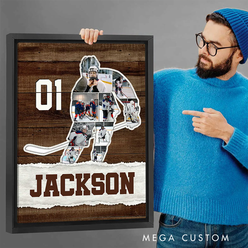 Personalized Ice Hockey Photo Collage Poster with Custom Name and Number