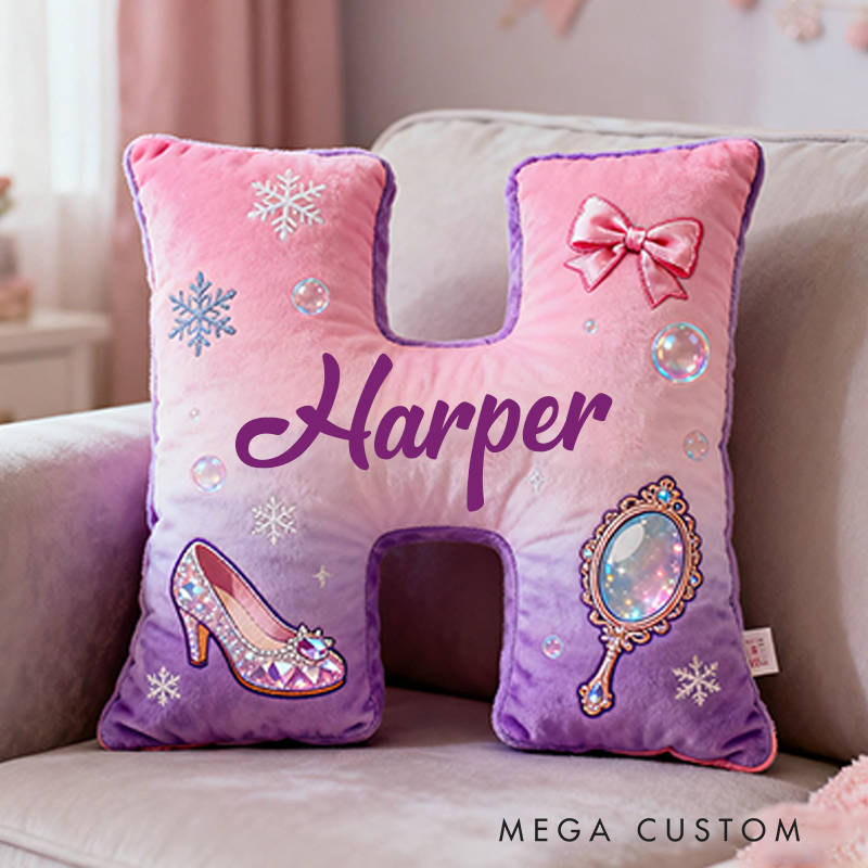 Personalized Colorful 26Letters Magic Mirror and Crystal Shoe Cute Graphic 3D Print Pillow Cute Magic Beautiful Letter Custom Pillow Gift for Kids