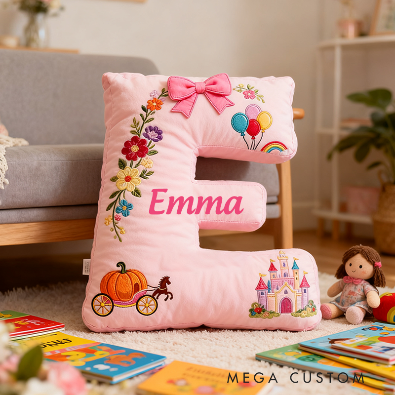 Personalized Pink Letter Christmas Gift Pillow with Castle Pumpkin Carriage Rainbow for a Fairytale Inspired Design Graphic 3D Print Pillow