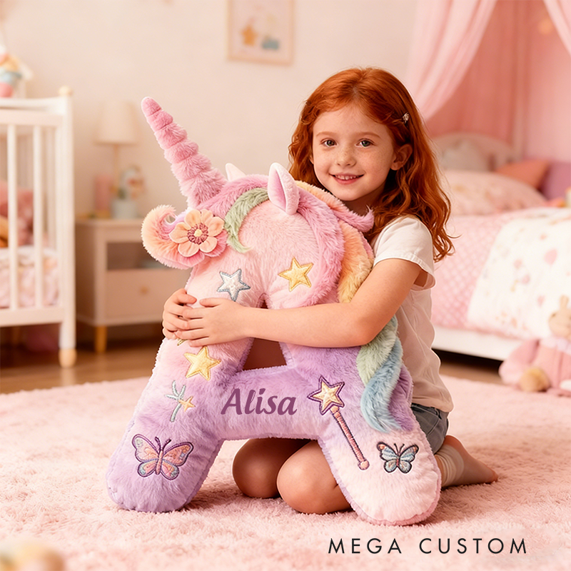 Personalized Letter Christmas Gift Pillow Pastel Rainbow Colors Stars Butterflies Magic Wand and Whimsical Fairy Tale Design Graphic 3D Print Pillow