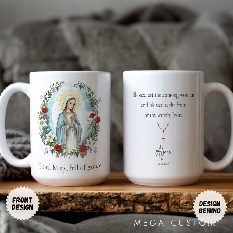 Personalized Virgin Mary Flora 11oz 15oz Ceramic Mug with Custom Name Our Lady Coffee Cup Marian Christian Drinkware Mug Catholic Gift for Women