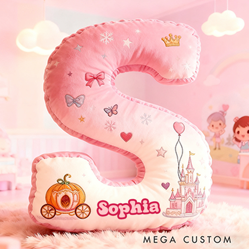 Personalized Letter Christmas Gift Pillow Princess Theme Castle Pumpkin Carriage Crown Balloons and Whimsical Fairy Tale Design Graphic 3D Print Pillow
