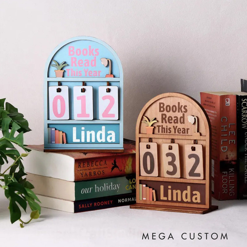 Personalized Books Read This Year Counter Wooden Books Tracker with Name Bookshelf Decor for Book Lover Bookish Librarian Reader Christmas Gift