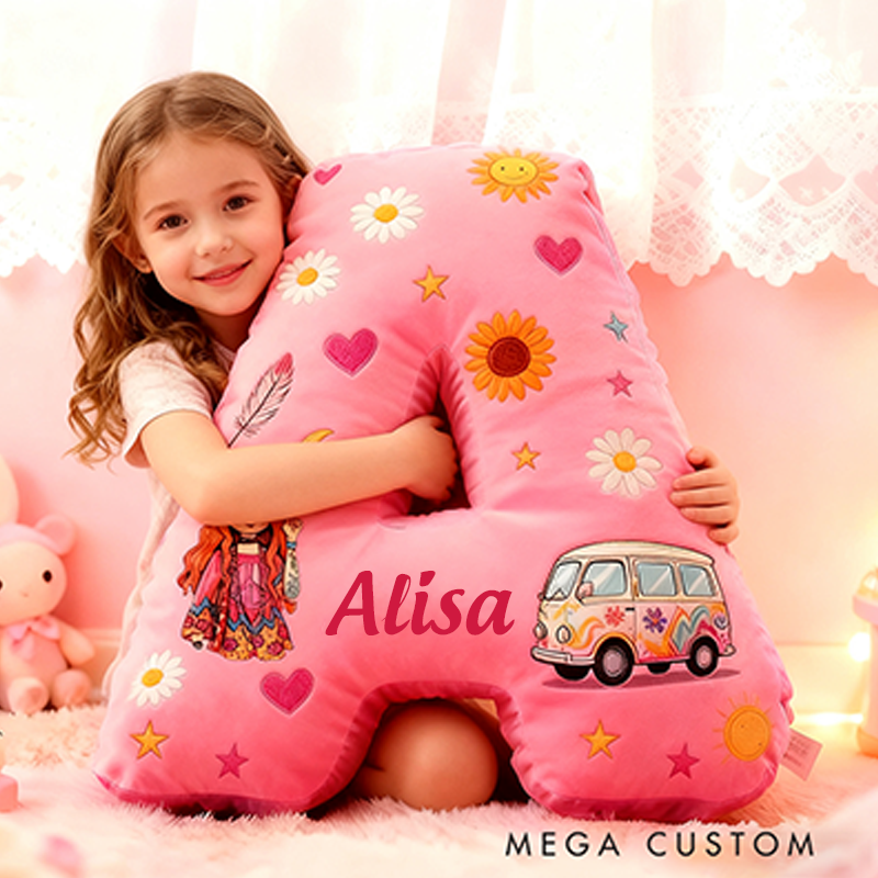 Personalized Letter Pink Christmas Gift Pillow Pink Hippie Design and Retro Boho Vibes Graphic 3D Print Pillow