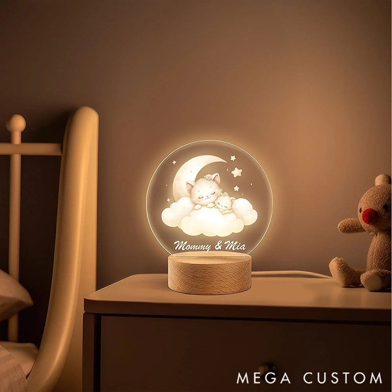Personalized Sleeping Mommy Baby Animal Dreamy Moon Cloud LED Night Light with Wooden Base and Name Decor Birthday Gift for Kids