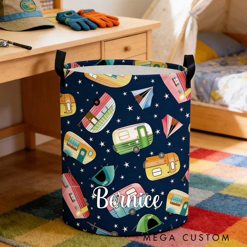Personalized Camper Themed Laundry Storage Basket Retro Camper Basket Basket with Name Gifts for Kid Outdoor Camping Lover