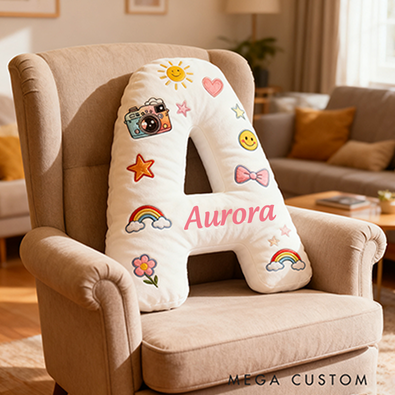 Personalized 26 Letters Shaped Christmas gift Pillow with Cute Camera Bowknots Flowers Smiley Faces Stars and Pastel Design Graphic 3D Print Pillow