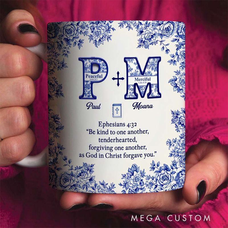 Personalized Toile de Jouy Faith & Love 11oz Ceramic Mug with Custom Intial and Name Bible Verse Coffee Cup Wedding Gift Valentine Gifts for Couple