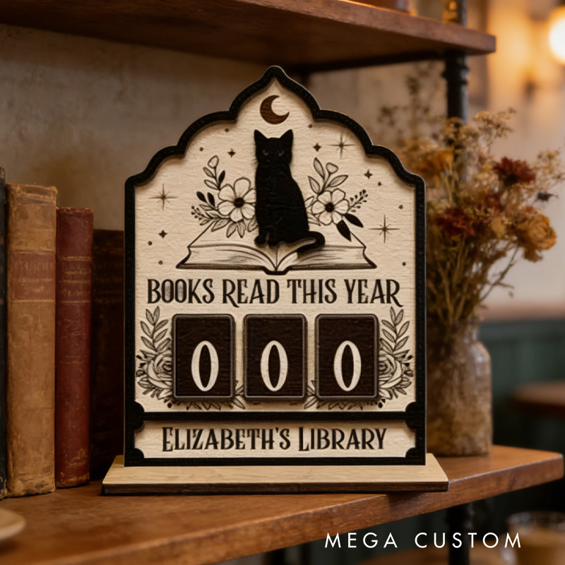 Personalized Books Read This Year Counter Vintage Book and Cat Reading Tracker with Name Bookshelf Decor for Book Lover Bookish Librarian Reader Christmas Gift