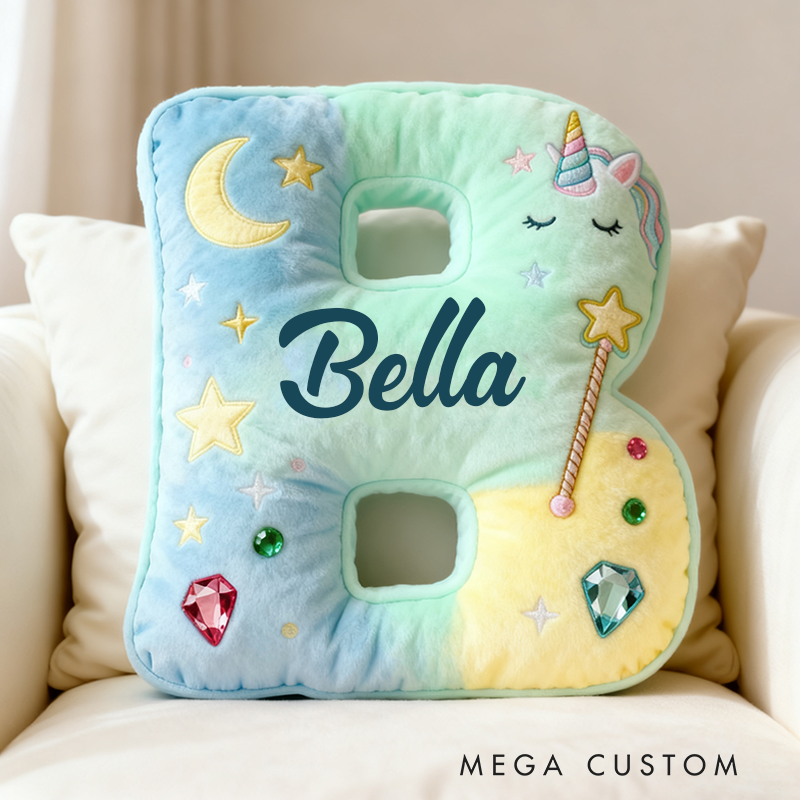 Personalized Colorful 26 Letters Unicorn Starry Dream Cute Graphic 3D Print Pillow Cute Magic Beautiful Letter Custom Pillow Gift for Kids