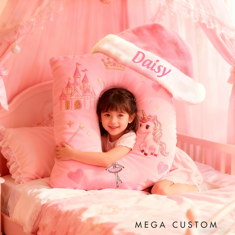 Personalized Pink Letter Pillow with Santa Hat Castle Ballerina Stars and Fairytale-Inspired Design Magic Graphic 3D Print Pillow
