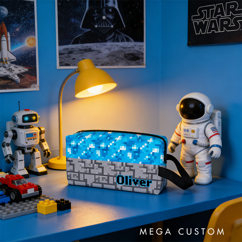 Personalized Pixel Diamond Portable Toiletry Bag with Zipper and Handle Dopp Kit Travel Accessory Birthday Gift for Game Lover Kids