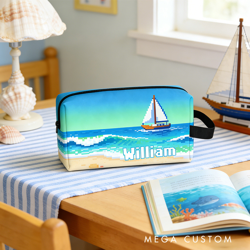 Personalized Pixel Ocean Game Portable Toiletry Bag with Zipper and Handle Dopp Kit Travel Accessory Birthday Gift for Game Lover Kids