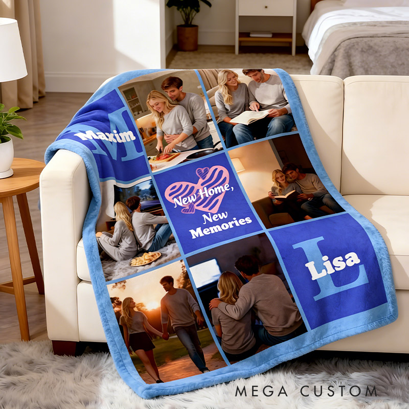 Personalized Heart 6 Photos Soft Throw Blanket with Name New Home Gift Valentine's Day for Couple Housewarming Gift 