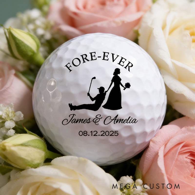 Personalized Bride and Groom Golf Ball with Wedding Silhouette and Details for Weddings and Anniversaries
