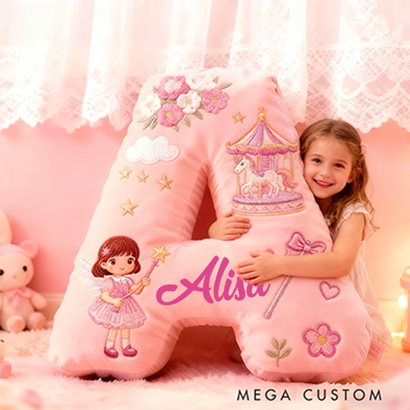 Personalized Pink Letter Christmas Gift Pillow Pink Fairy Tale Design Carousel Magic Wand Flowers and Whimsical Embroidery Graphic 3D Print Pillow
