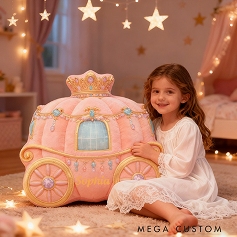 Personalized Princess Carriage Christmas Gift Pillow Soft Pastel Pink Theme and Custom Name Fairy Tale Inspired Room for Kids