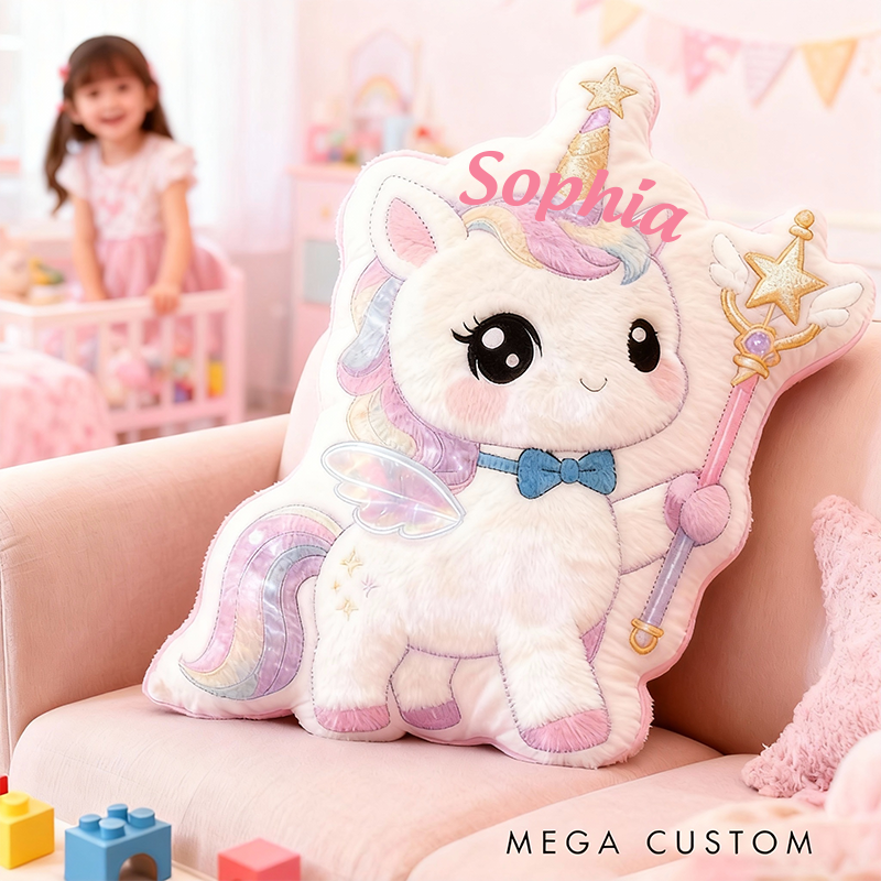 Personalized Name Pillow with Rainbow Mane Magic Wand Star Bow Tie and Glittery Wings for a Cute and Magical Design Graphic 3D Print Pillow