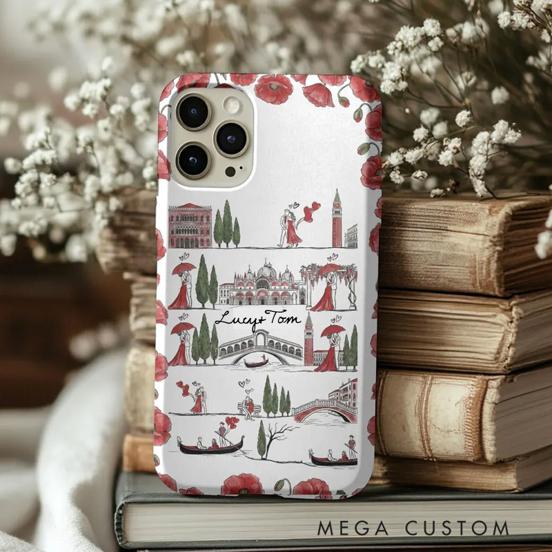 Personalized Romantic Venice Line Art Phone Case with Custom Name for Traveling Lovers 