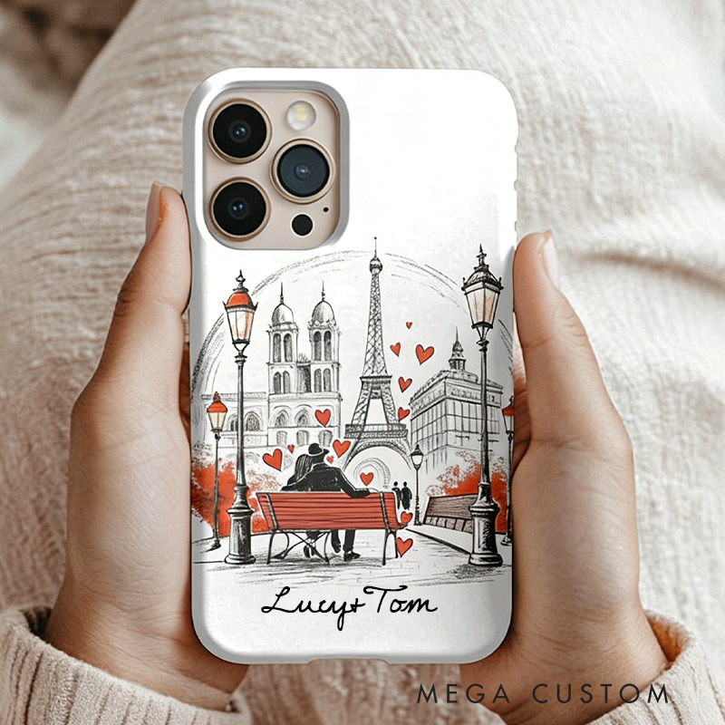 Personalized Romantic Paris Line Art Phone Case with Custom Name for Traveling Lovers 