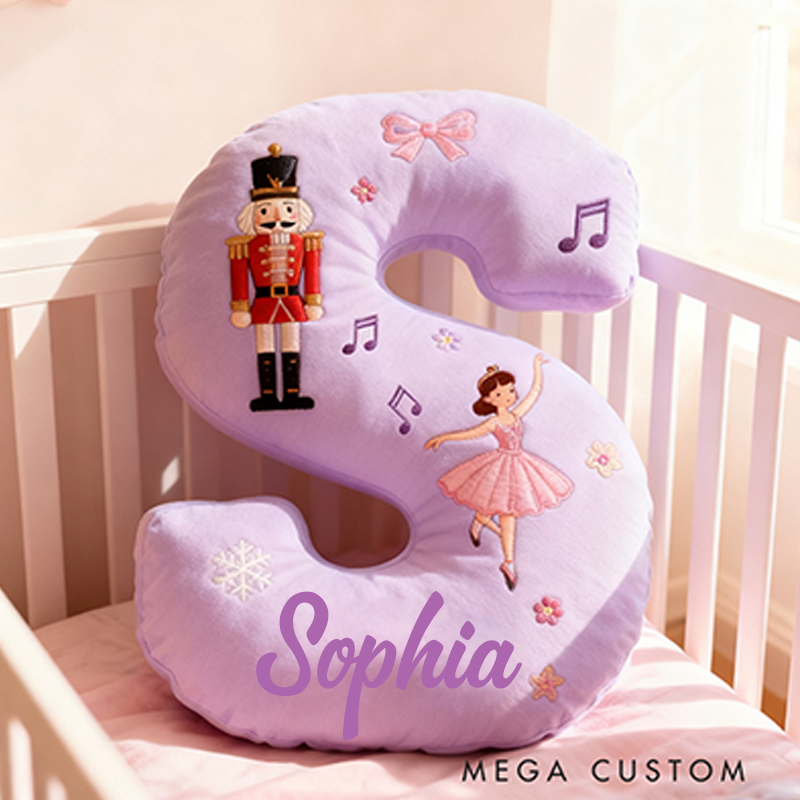 Personalized 26 Letter Purple Pillow with Nutcracker Ballerina Music Notes Snowflakes Bows and Enchanting Ballet Themed Design Graphic 3D Print Pillow