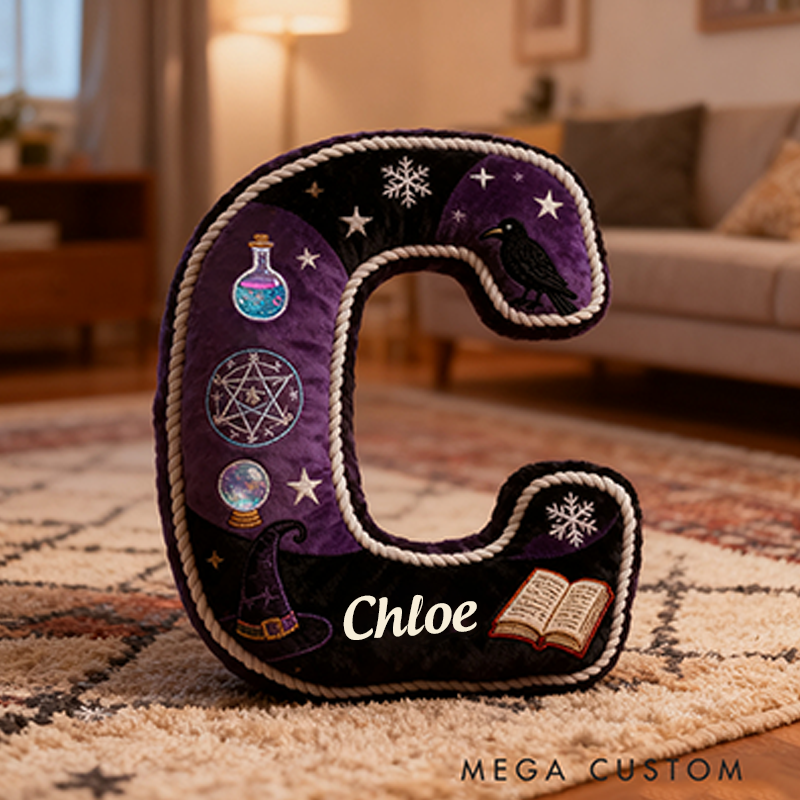 Personalized Witchy Letter Pillow Purple and Black Design and Mystical Embroidery Graphic 3D Print Pillow for Kids