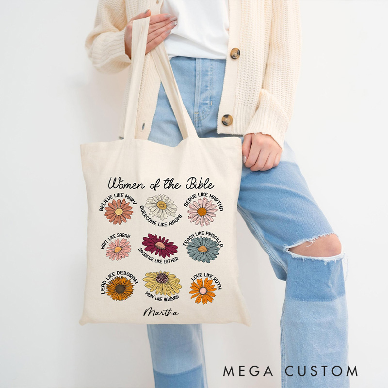 Personalized Women of the Bible Canvas Tote Bag with Custom Name Church Bible Study Daily Use Biblical Tote Floral Religious Christian Gift for Women