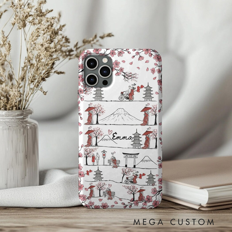 Personalized Romantic Sakura Japan Line Art Phone Case with Custom Name for Traveling Lovers 