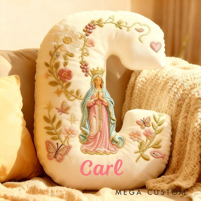 Personalized Virgin Mary Letter Pillow with Custom Name Home Decor Flower Butterfly Vine Graphic 3D Print Pillow Religious Faith Gift Catholic Gift