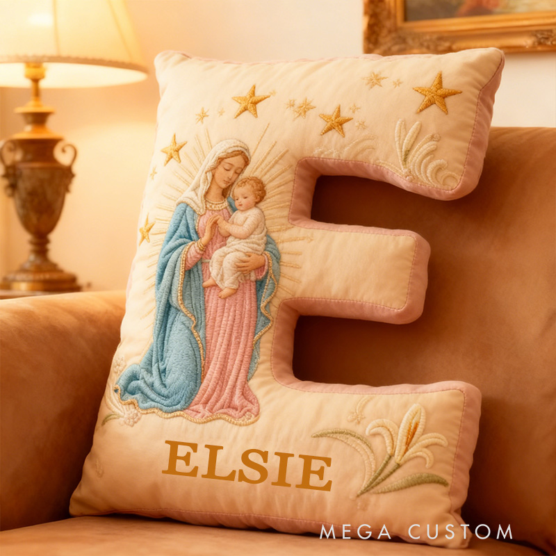 Personalized the Virgin Mary and Baby Jesus Letter Pillow with Custom Name Religious Home Decor Christian Gift Stars and Lily Graphic 3D Print Pillow