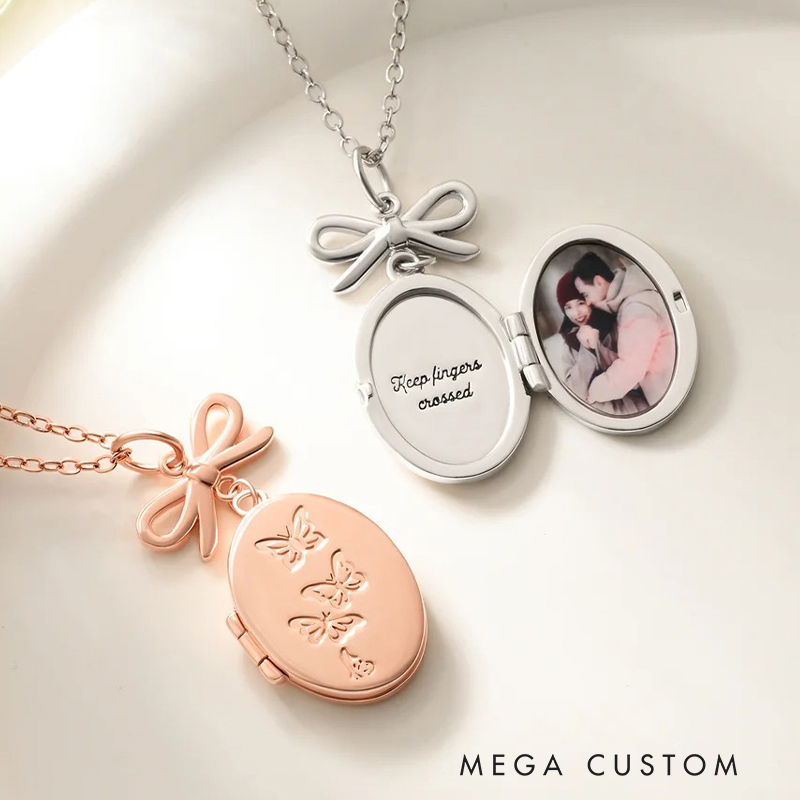 Personalized Vintage Oval Butterfly Photo Necklace with Bow Charm and Engraved Text Memorial Jewelry for Loss of Loved One
