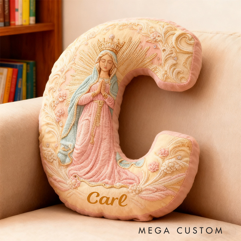 Personalized Golden Grace Virgin Mary Letter Pillow with Custom Name Home Decor Our Lady Pillow Catholic Marian Pillow Christian Gift Graphic 3D Print