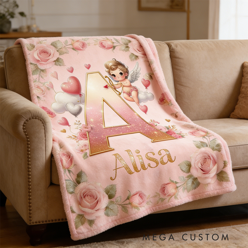 Personalized Cupid Themed Valentine's Day Gift Soft Throw Blanket with Name Home Decor Western Nursery Birthday Gift for Magic Friends